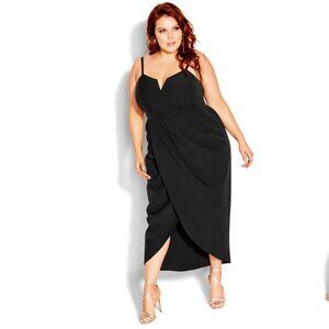 City Chic Sassy Flex Fit Tulip V Dress Draped Sexy Goddess Black Dress Size 16